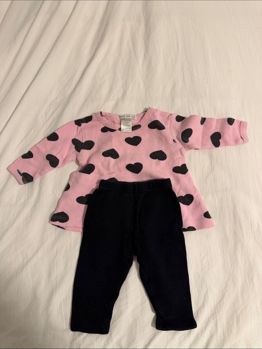 Little Mish Pink Heart Print Long Sleeve Top and Black Leggings Set